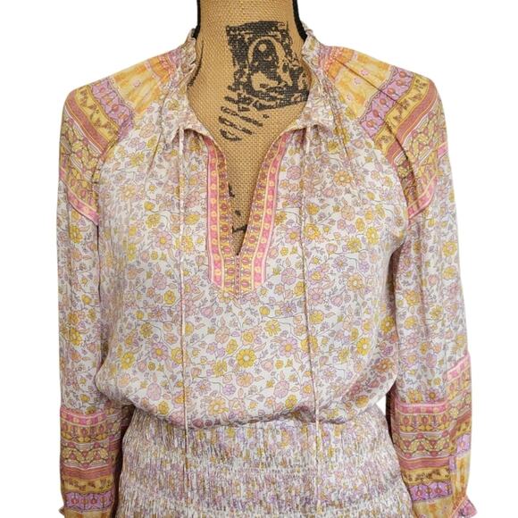 XS Anthro Current Air Boho Pleated Floral Peasant Dress, White, Yellow, & Pink - Picture 3 of 6
